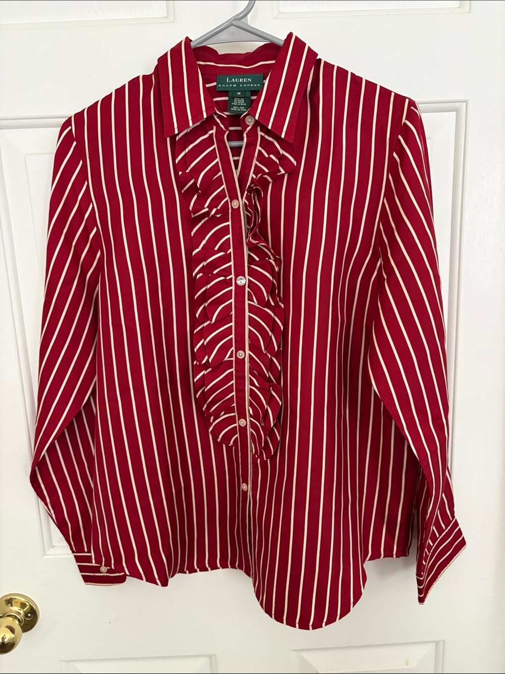 Lauren Ralph Lauren Red and White Striped Ruffle Button-Down Shirt